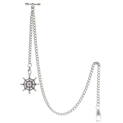 Imagen de TREEWETO Albert Reloj de bolsillo para hombre, 2 ganchos, con colgante timón antiguo, barra en T, plata, Antiguo