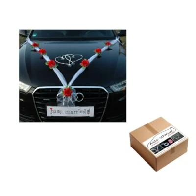 Imagen de Autoschmuck Decoración para Coche (Tela de Organza con Rosas ratán) Coches Novios (Rojo y Blanco)