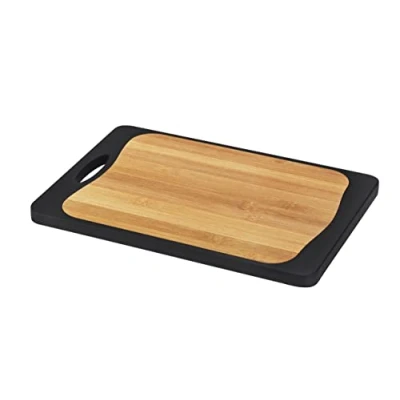 Imagen de WENKO tabla de cortar Kombi, antideslizante con un lado plástico antibacteriano para carne/pescado y el otro bambú, mango ranura drenaje, 33 x 23 cm, negro/natural