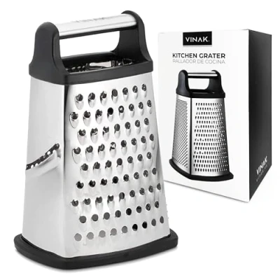 Imagen de VINAK Rallador de cocina grande acero inoxidable y Con 4 Caras: Ancho + Largo Fino Zester asa ergonómica base goma antideslizante Para rallar todo tipo alimentos