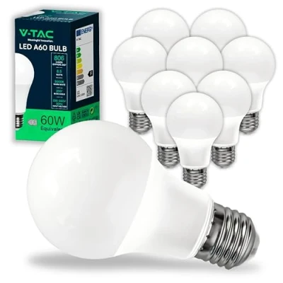 Imagen de V TAC 10x Bombillas LED E27, Edison A60 8,5W (Equivalente a 60W) 806 Lumen 3000K Blanco Cálido Apertura del Haz de Luz 200 Máxima Eficiencia y Bajo Consumo, VT 2099 10