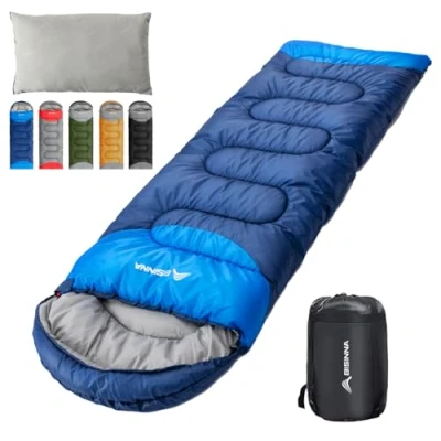 Imagen de BISINNA Saco de Dormir con Almohada 4 Estaciones, Ligero, Impermeable, cálido, un compresión para Adultos, Camping (Azul, Cremallera Izquierda)