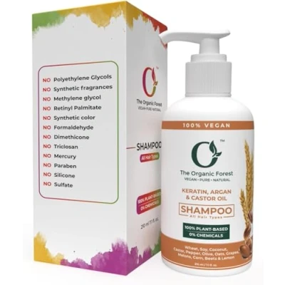 Imagen de Organic Forest 100% Vegan Keratin, Castor &amp; Moroccan Argan Oil Shampoo Strengthens Hair, Reduces Frizz Hairfall Chemical Free Sulphates and Paraben 210 ml