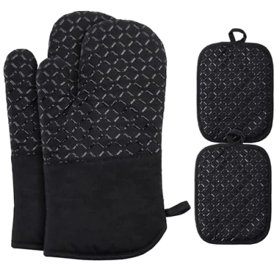 Imagen de Ankway Juego de 4 manoplas para horno, guantes cocina, cocina resistentes al calor y antideslizantes, algodón suave, silicona grosor largo flexible (agarraderas
