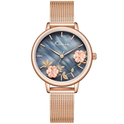 Imagen de Alienwork Reloj Mujer Oro Rosa Banda de Malla Metálica Gris Esfera Nácar Elegante