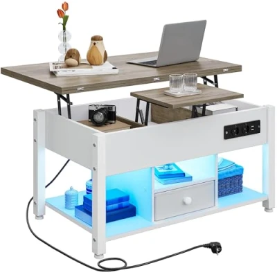 Imagen de YITAHOME mesa de centro con altura ajustable, multifunción 4 en 1 espacio almacenamiento e iluminación LED, se convierte una comedor para el salón