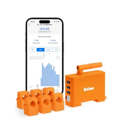 Imagen de Refoss EM06 contador de electricidad trifásico conectado con Home Assistant, Wi Fi y Bluetooth, 6 canales (150 A cada uno), medición consumo en tiempo real, Naranja
