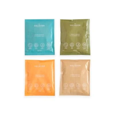 Imagen de Valquer Laboratorios Shake pack 4 Geles de baño sostenibles. gel corporal refill. Una botella = Infinidad geles. Zero Waste. 25 gramos 400 ml sobres gr (1 cada tipo)