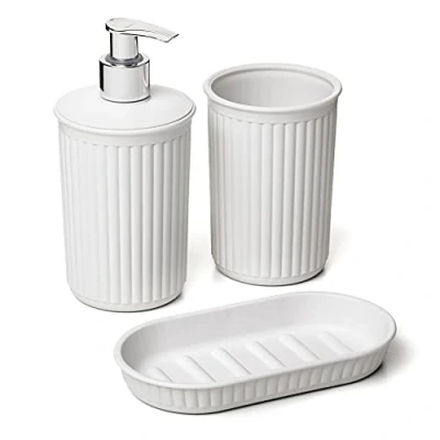 Imagen de Tatay Set de 3pcs Sobremesa Baño (Vaso + Dosificador Organizador A6) Baobab, Plástico, Libre BPA, Blanco Pergamon