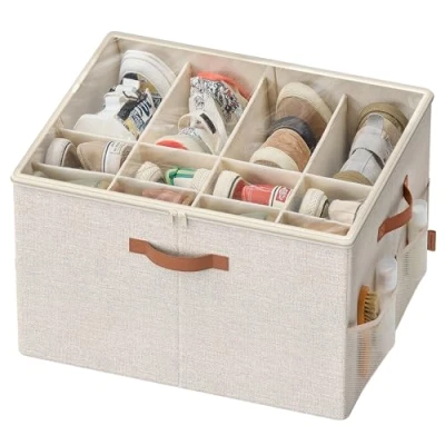 Imagen de SONGMICS Organizador de Zapatos, Caja Almacenaje para 16 Pares Asas, Ahorra Espacio, con Tapa Transparente, Ajustable, Armario, Beige Capuchino LSP555K01