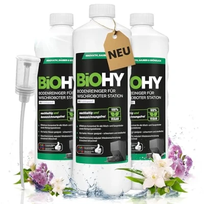 Imagen de BiOHY limpiador de suelos para robot estación con aroma primaveral (3 x 1 litro) + dosificador, detergente concentrado todos los robots limpiadores y aspiradores función húmeda,