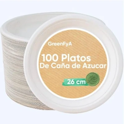 Imagen de GreenFyA Platos Desechables de Caña Azúcar Resistentes, 100% Biodegradables (100, 26cm.)
