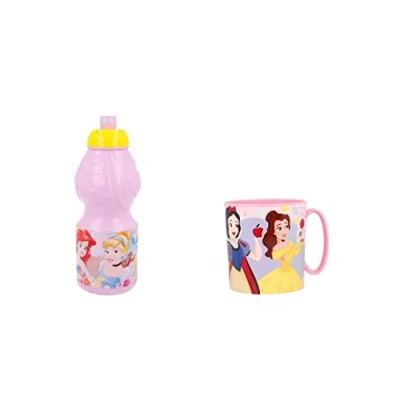 Imagen de ALMACENESADAN 4706, Pack Disney Princesas, compuesto por taza microondas 350ml y botella de agua 400 ml, producto reutilizable, sin BPA