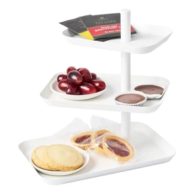 Imagen de YAMAZAKI Plato para servir de 3 niveles Tower 4280 galletas, frutas o tartas, acero, blanco, 24,7 cm largo x 15,7 ancho 25,7 alto