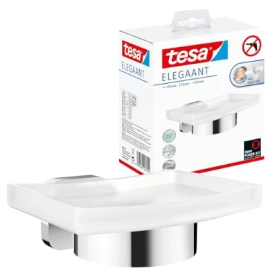 Imagen de tesa Soporte de Ducha para jabón ELEGAANT, Metal Cromado, autoadhesiva, tecnología Adhesiva Montaje, 119mm x 79mm 124mm