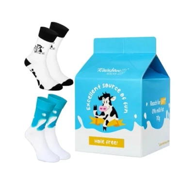 Imagen de Rainbow Socks Hombre Mujer Leche Calcetines in Box Divertidos con Estampado de Vaca y Milk 2 Pares Talla 41 46
