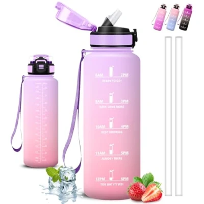 Imagen de Botella Agua 1 5 litros Gimnasio, A Prueba de Fugas, Cantimplora con Pajita, Reutilizable, Water Bottle Eslogan Motivador, para la Senderismo, Deportes, Acampada, Yoga
