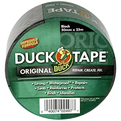 Imagen de Duck Tape 260124 Fórmula Mejorada de Alta Resistencia Impermeable y Cinta Adhesiva Tela reparación conductos, Negro, 50 mm x 25 m