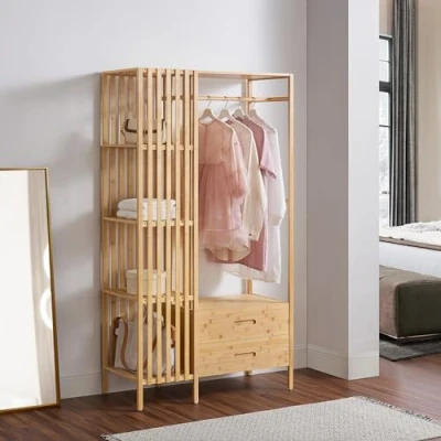 Imagen de [en.casa] Perchero Burro con 2 Cajones y 4 Estantes Laterales de Rejilla Soporte Ropa 185x100x45 cm Estilo Moderno Óptima Ventilación para Dormitorio Recibidor Oficina Bambú Natural