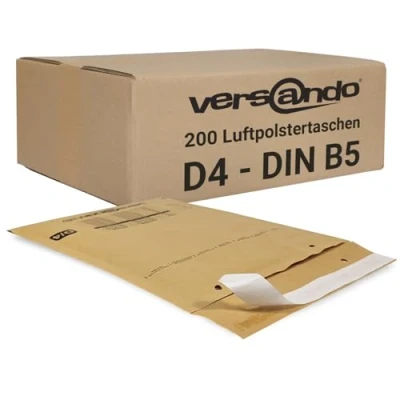 Imagen de versando 200 sobres acolchados D4, tamaño interior 180 x 265 mm, dimensiones exteriores 275 color marrón/amarillo dorado para DIN B5/A5/DVD