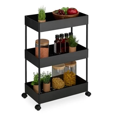 Imagen de Relaxdays Carrito Auxiliar Ruedas, Carro Cocina 3 Niveles, Camarera, Verdulero, Baño y Oficina, 65x39,5x21,5cm, Negro