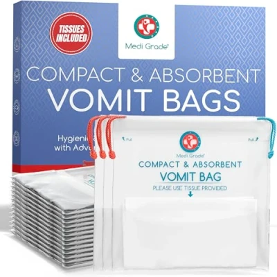 Imagen de Bolsas Vomito con Almohadillas Superabsorbentes + Toallas de Limpieza [Paquete 22]Para Barcos o Aviones by Medi Grade Convierten Vómito en Gel Capacidad hasta 750mlNo Gotea Desechables