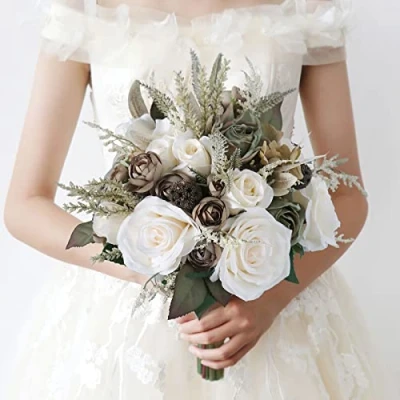 Imagen de Fouriding Nupcial Ramo de Novia Boda Flor Seda Rosa Flores Artificiales con Cinta