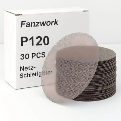 Imagen de Fanzwork Discos abrasivos de malla diámetro 150 mm, autoadherentes, grano P120 30 piezas, compatible con lijadoras excéntricas ideal para lijar madera, masilla, pintura y plástico