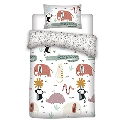Imagen de Juego de ropa cama infantil reversible con diseño animales, funda nórdica 100 x 135 cm, almohada 40 60 algodón elefantes, cocodrilos, monos...