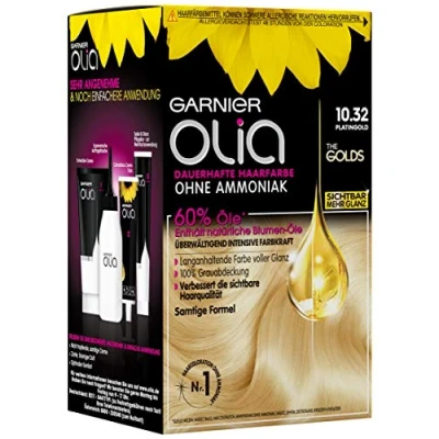 Imagen de Garnier Olia Tinte permanente para el cabello sin amoníaco, color nutritivo cubrir 100 % de las canas, The Golds, oro platino 10.32 (rubio), paquete 3