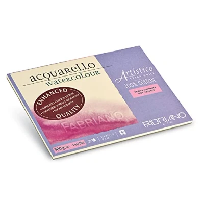Imagen de Honsell Fabriano Artistico Acquarello Watercolour Extra Blanco Satinado prensado en Caliente, 23 x 30, 5 cm, 20 Hojas de 300 g/m², Papel Acuarela, Bloc 4 Caras encolado