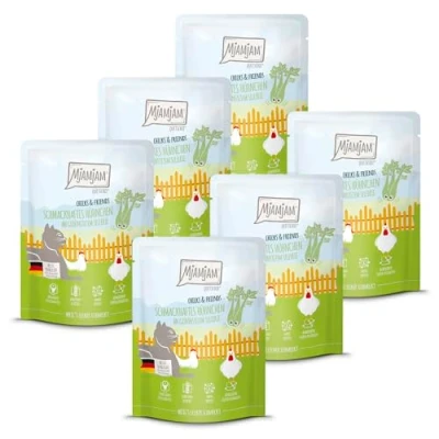 Imagen de MjAMjAM Comida húmeda Premium para Gatos Quetschie Chicks &amp; Friends Sabroso Pollo con apio al Vapor, Pack de 6 (6 x 300g), sin Cereales