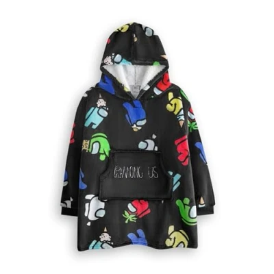Imagen de Among Us Sudadera Manta Portátil para Niños con Capucha de Forro Polar en Negro Impresión Total Crewmates Multicolores y Personaje Impostor Ropa Estar Forrada Sherpa Gamer