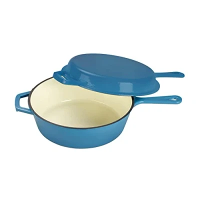 Imagen de ECHTWERK Set 2 en 1 de cacerola y sartén grill, Asador hierro fundido con tapa, Olla revestimiento esmaltado, Apta para hornos, parrillas e inducción, Azul, 2,5 L, Ø 25,2 cm