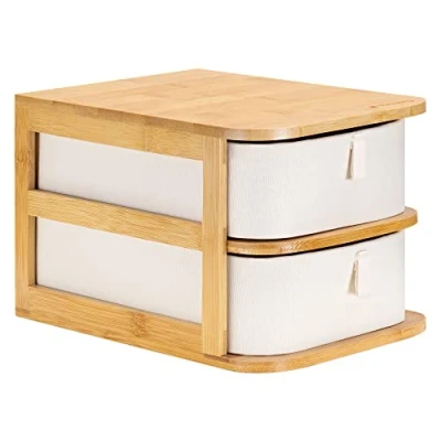 Imagen de Navaris Mini cajones para Maquillaje Organizador de bambú con 2X cajón Tela Mueble baño Escritorio tocador Joyas 17,5 x 23 15 cm