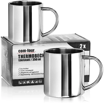 Imagen de COM FOUR® 2x Tazas térmicas de acero inoxidable 350 ml por Taza aislante doble pared café irrompible térmica para beber (350ml)