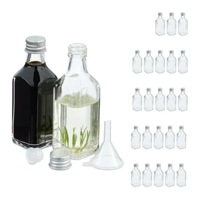 Imagen de Relaxdays Botellitas de Cristal, Mini Botellas para Rellenar, 50 ml, Tapa Rosca y Tapón, Transparente/Plateado, Hierro, Pack 25