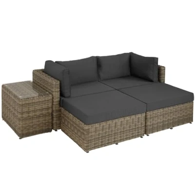 Imagen de TecTake® Sillón Doble de Ratán y Bastidor en Aluminio, Conjunto Jardín 2 Sillones, Taburetes, 1 Mesa, Mueble Exterior con Cojines 10 cm, Terraza Resistente a la Intemperie Natural