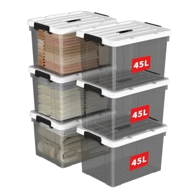 Imagen de Cetomo 45L*6 Caja de Almacenamiento con Asa, Plástico Tapa y Cierre Seguro, Contenedor Grande, Duradera, Apilable, Resistentes, Negro Transparente, Paquete 6 45L