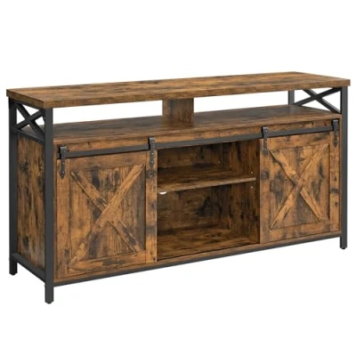 Imagen de VASAGLE Mueble para TV, Soporte TV de 65 Pulgadas, con Estantes Ajustables, Puertas Granero, Diseño Granja, Marco Metal, Marrón Rústico y Negro LTV071B01V1