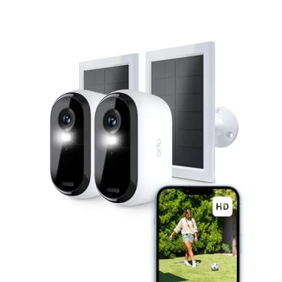 Imagen de Arlo Essential 2 Camara Vigilancia WiFi Exterior + Panel Solar (2), HD, Interior, Sensor de Movimiento, Alarmas Para Casa, Prueba Secure Incluida, Cámaras, Blancas
