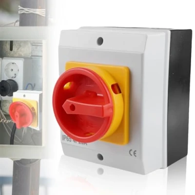 Imagen de interruptor principal, 25 A, giratorio de 4 polos, apagado, IP65, reparación con carcasa para separar la fuente alimentación conectar interruptores y