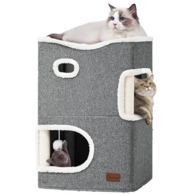 Imagen de YITAHOME Casa Gatos Interior, Cama Gato, para Gatos, con Rascador &amp; Pelota Hamaca Superior, Casita Caseta Castillo 45 * 35 63cm (Gris)