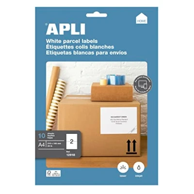 Imagen de APLI 12918 Etiquetas blancas permanentes adhesivas imprimibles, Inkjet Laser Copy, tamaño etiqueta 210 x 148 mm,cantos rectos, pack de 10 hojas A4 ( 20 etiquetas), ideal para sobres y paquetes