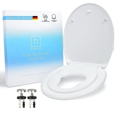 Imagen de Benkstein® Asiento de inodoro para niños y familias (antibacteriano, ovalado, tapa cierre suave, descenso automático), color blanco