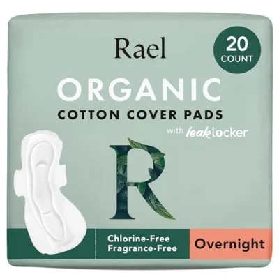 Imagen de Rael compresas para mujer, funda de algodón orgánico, menstruales con alas, cuidado femenino, servilletas sanitarias, gran absorción, sin perfume, ultrafinas (durante la noche, 20 unidades)