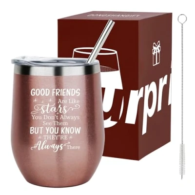 Imagen de Regalos de cumpleaños para Mujeres Los buenos amigos son como las estrellas Vaso Amistad Mejores Amigos,Vaso Acero Inoxidable 350ml con Caja Regalo Oro Rosa
