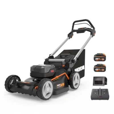 Imagen de WORX Cortacésped sin escobillas inalámbrico 20V 2*20V 4Ah WG748E Ø46cm hasta 500m² con una carga (Corta los bordes, entregado 2 baterías, un cargador, bolsa de 55 L, mulching)
