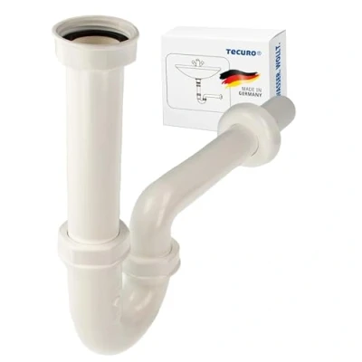 Imagen de tecuro Sifón de desagüe para lavabo, incluye roseta pared, conexión 1 1/4 pulgadas, diámetro tubo pared 32 mm, plástico, color blanco, 58505