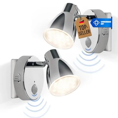 Imagen de Trango juego de 2 luces noche LED cromadas 2635 028 *MILO* con sensor movimiento y función automática luz seguridad 230V lámpara enchufe, aplique, orientación,